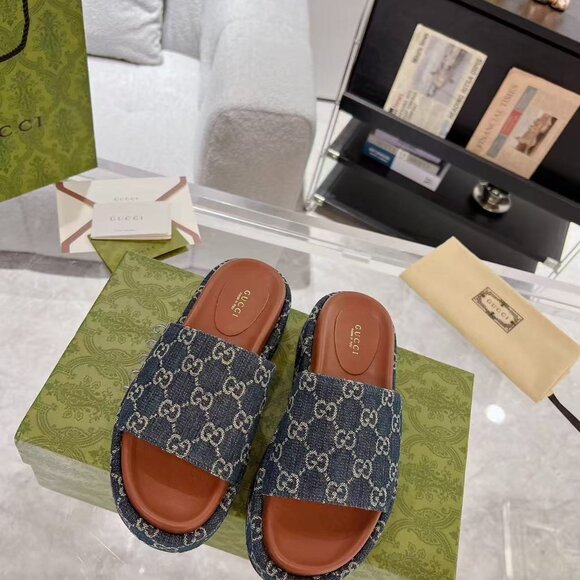 Gucci Denim Blue Mules with Brown Sole - Picture 1 of 9